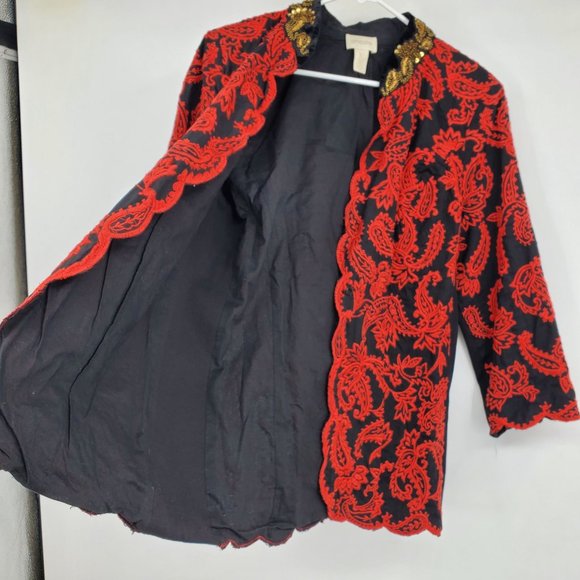 Chico's Red and Black Collectibles Embroidered Paisley Print Jacket M Petite - Picture 4 of 12